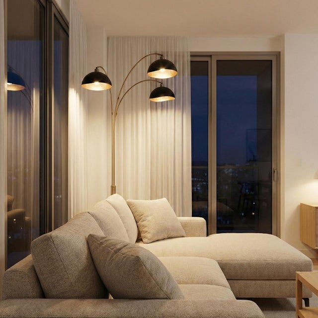 Mid-Century Modern Luna Bella 3-Light Arc Floor Lamp - Matte Black, Weathered Brass, Gold Leaf, Black Marble Base, Dimmer Switch For Sale - Image 3 of 18