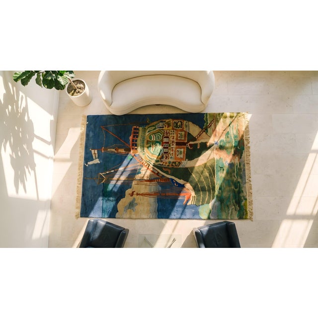 Fascinating and Artistic Anchored Boat Imagery Under Blue Sky and on Rippling Seafoam Water Antique Nautical Chinese Deco Rug For Sale - Image 10 of 12