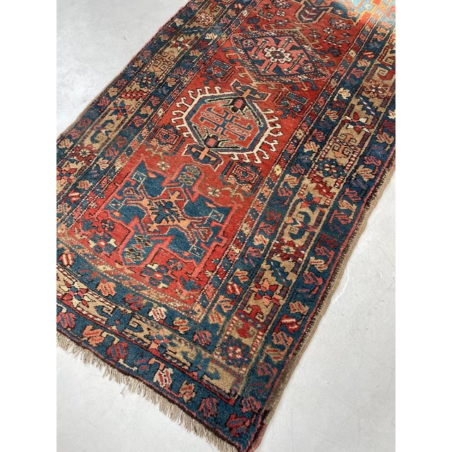 Persian Antique Northwest Persian Heriz Runner Rust, Camel, French Blue Rug 3.4 x 10.6 For Sale - Image 3 of 12