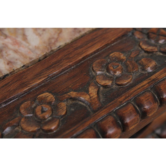 Chinese Antique Hexagonal Carved Plant Stand With Inlaid Marble Top For Sale - Image 11 of 13