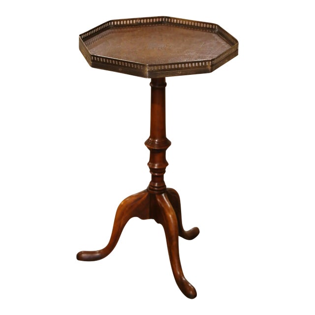Vintage English Leather Top Walnut and Brass Octagonal Martini Side Table For Sale