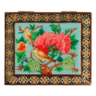 Hand-Painted Bird and Floral Jewelry Box With Marquetry Frame For Sale