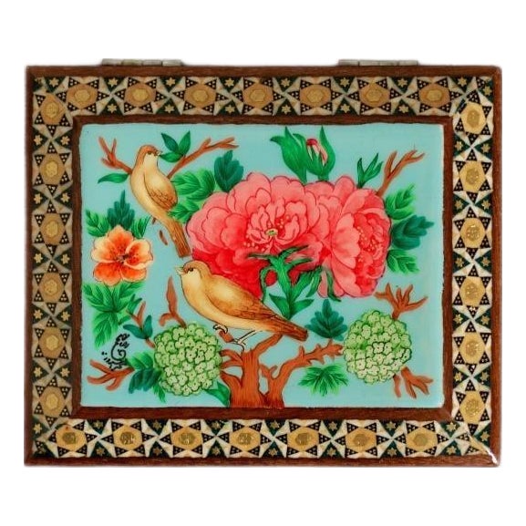 Hand-Painted Bird and Floral Jewelry Box With Marquetry Frame For Sale