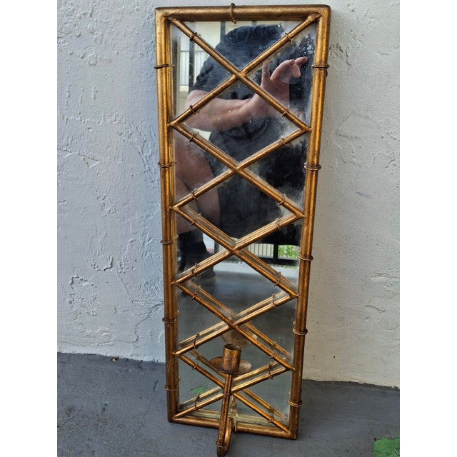 Hollywood Regency 1940's Hollywood Regency Heavy Gilt Iron Faux Bamboo Wall Mirror Candle Accent For Sale - Image 3 of 12