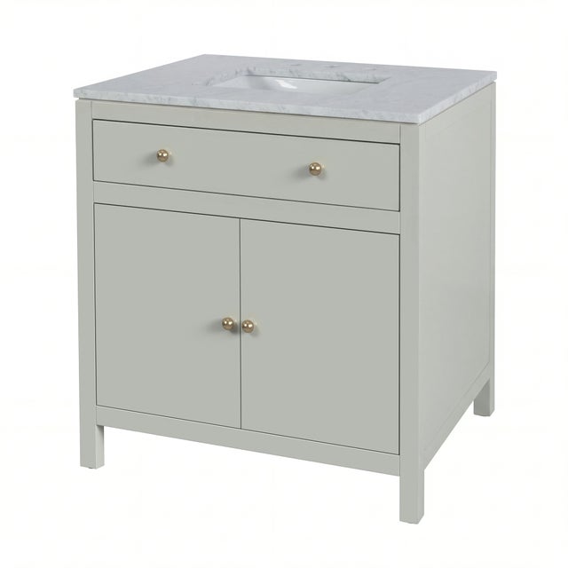 Modern Nora 32 in. W Rectangular Wood & Marble Bathroom Vanity with Storage, Sage Green For Sale - Image 3 of 11