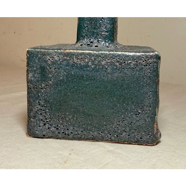 Vintage Original Signed Handmade Brutalist Squared Green Pottery Ceramic Vase For Sale - Image 11 of 11