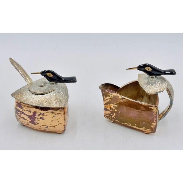 1980s Emilia Castillo Copper & Silver Creamer & Sugar Set With Bird Sculptures For Sale - Image 11 of 18
