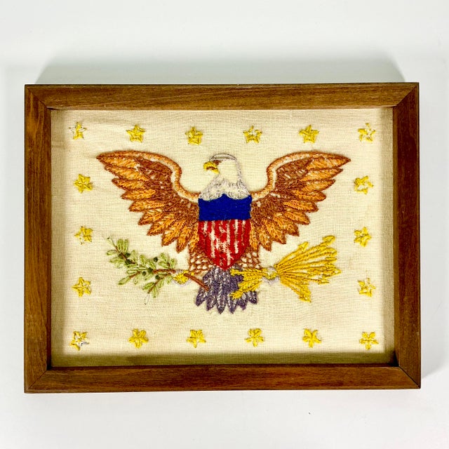 American 1930s Vintage Boho Chic Americana Patriotic Eagle Needlepoint Yarn Sampler, Framed For Sale - Image 3 of 11