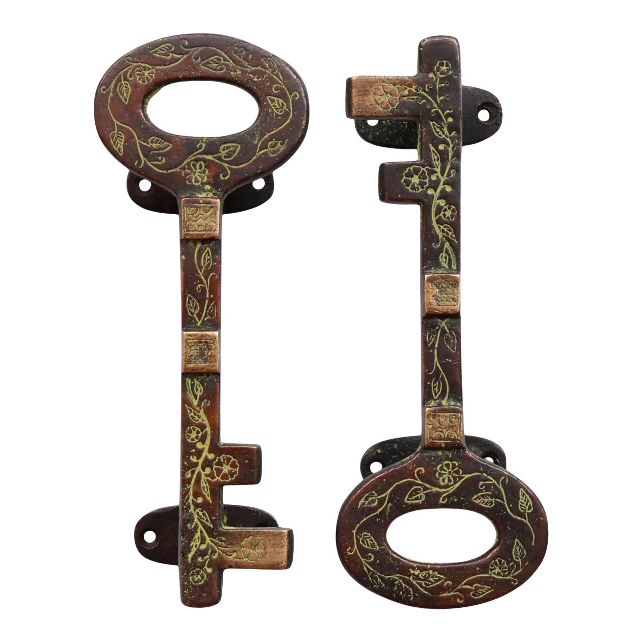 Green Brass Key Door Handles - a Pair | Chairish