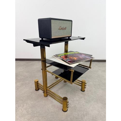 Hollywood Regency Hungarian Postmodern Brass and Smoked Glass Rolling Hi-Fi Media Stand, 1970s For Sale - Image 3 of 13
