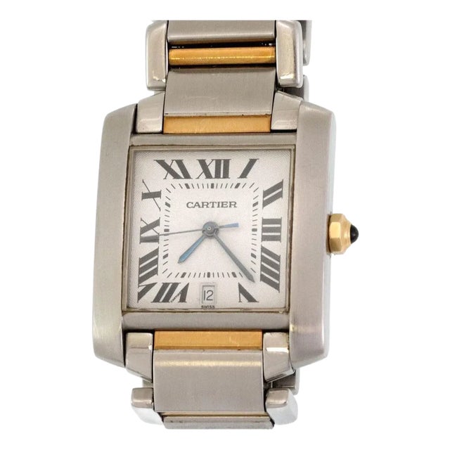 Cartier Men's Tank Francaise Automatic Date 18k Gold Steel Watch For Sale