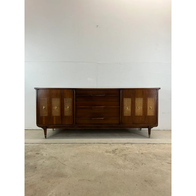 Mid Century Modern Lowboy Dresser With Mirror and Caned Front For Sale - Image 4 of 12