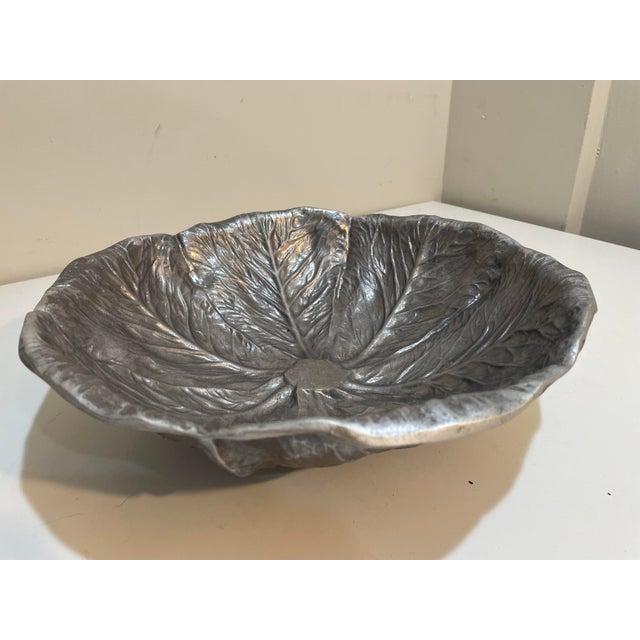 1970s Pewter Cabbage Leaf Serving Bowl - Majolica Style Bruce Fox Wilton For Sale - Image 5 of 8