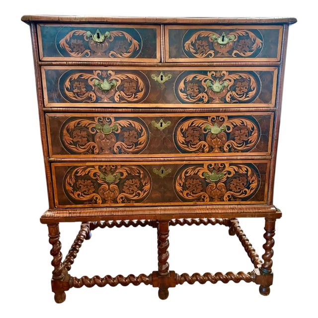 17th Century William and Mary Oyster Walnut and Seaweed Marquetry Chest on Stand For Sale