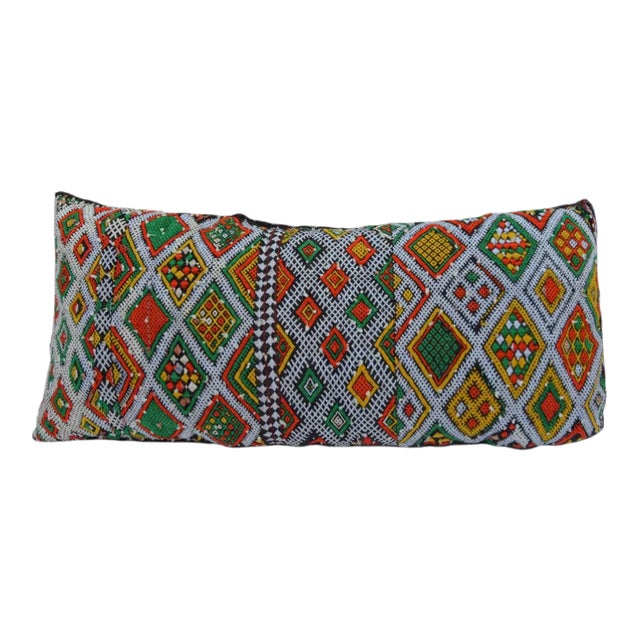 Mid-Century Green & Orange Diamonds Moroccan Wool Pillow For Sale