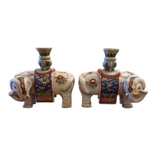 Pair of Antique Porcelain Famille Rose Elephant Candleholders For Sale