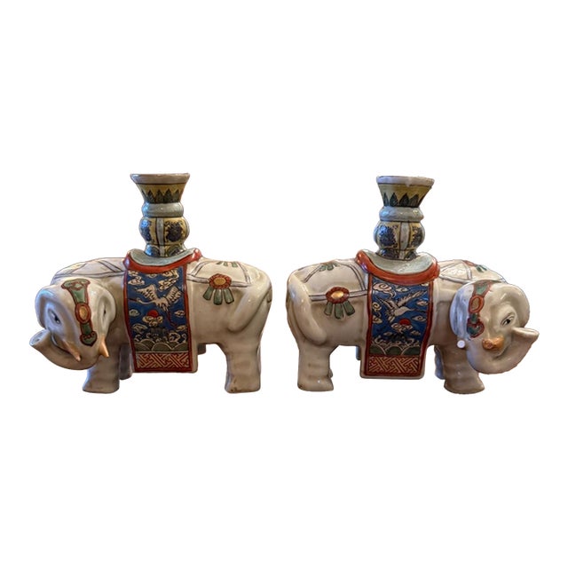 Pair of Antique Porcelain Famille Rose Elephant Candleholders For Sale