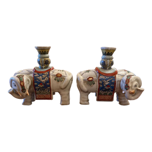 Pair of Antique Porcelain Famille Rose Elephant Candleholders