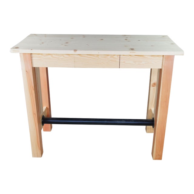 Late 20th Century Rustic Natural Pine Farmhouse Workbench Tall Desk Footrest Hall Table Console For Sale