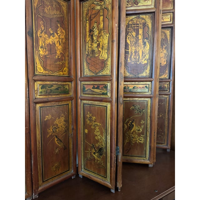 Chinoiserie Vintage Seven Panel Chinoiserie Figural Wood Tabletop Folding Screen For Sale - Image 3 of 8