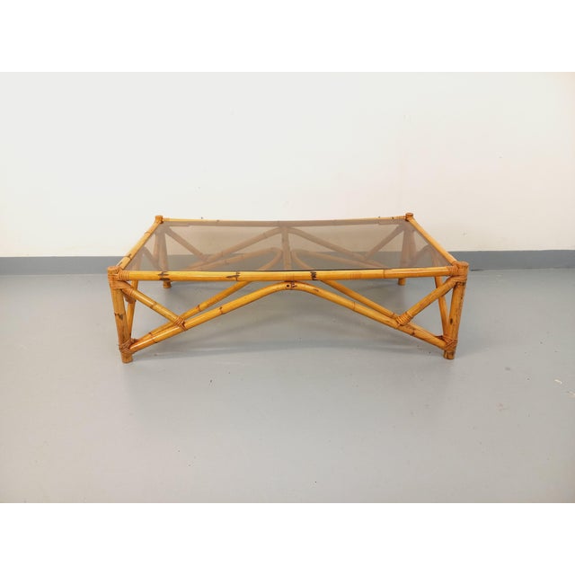 Vintage Rectangular Coffee Table in Rattan and Smoked Glass, 1970s For Sale - Image 11 of 16