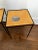 Pair of Vintage Modern Side Tables. Rusty Metal bases paired with newly made starburst Raffia covered table tops.