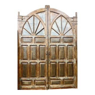 Antique Brass-Clad Carved Entry Doors | Monumental Farmhouse Statement Doors 118x92 For Sale