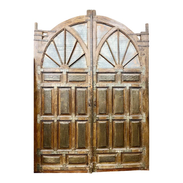 Antique Brass-Clad Carved Entry Doors | Monumental Farmhouse Statement Doors 118x92 For Sale