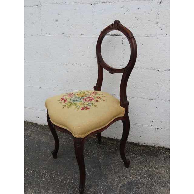 Late 19th Century Victorian Late 1800s Carved Tapestry Small Accent Side Chairs a Pair 6379 For Sale - Image 5 of 12