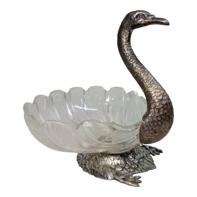 Antique 1800's Georg Roth & Co. Hanau German 800 Silver Cut Glass Swan Bowl For Sale