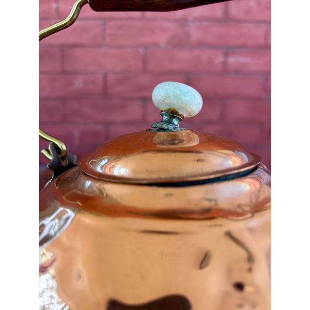 Traditional Vintage Hammered Copper Tea Kettle With Wood Grip and Porcelain Finial For Sale - Image 3 of 9