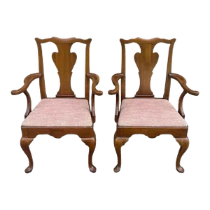 1960s Statton Furniture Queen Anne Solid Cherry Centennial Finish Dining Armchairs - a Pair