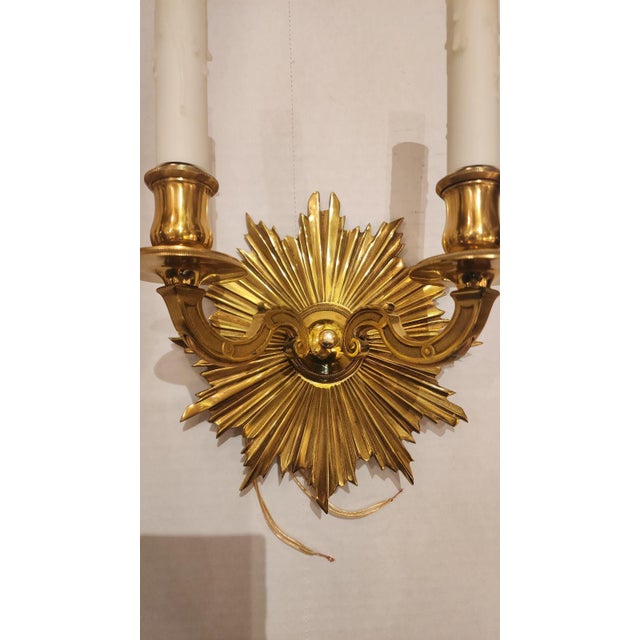 Pair of Mid 20th Century Art Deco Style Sunburst Brass Sconces For Sale - Image 4 of 7