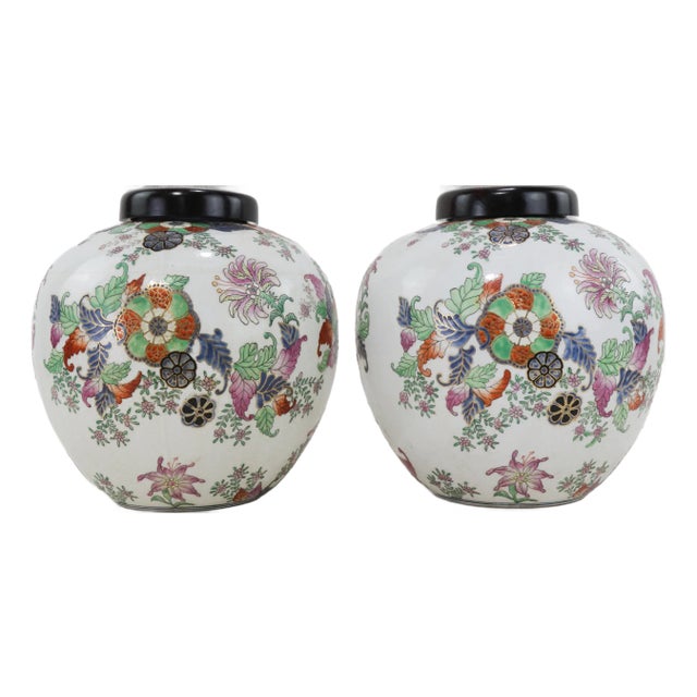 Pair of Antique Chinese Famille Rose Tobacco Leaves Porcelain Ginger Jars With Black Lids For Sale