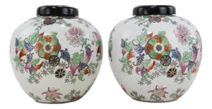 Pair of Antique Chinese Famille Rose Tobacco Leaves Porcelain Ginger Jars With Black Lids
