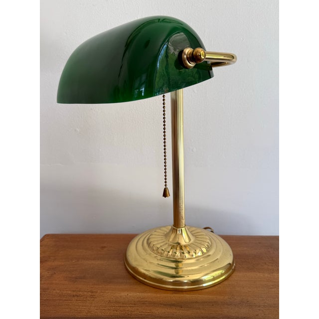 Green Vintage Brass Emeraldite Glass Shade Bankers Lamp For Sale - Image 8 of 9
