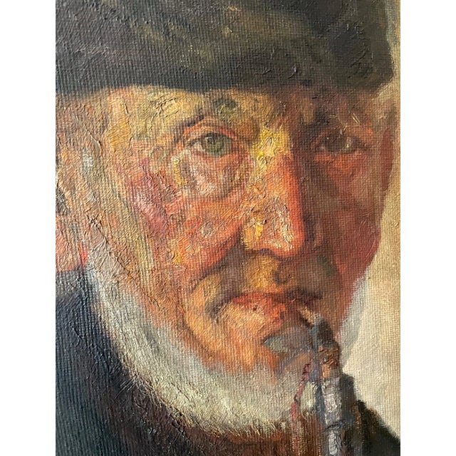 Antique H Glass Elder Man Expressionism Smoking Pipe Oil Painting Portrait 1800s For Sale - Image 4 of 13