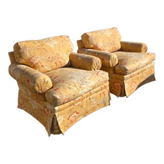 Pair of English Roll Arm Club Chairs in Mulberry Early Birds Sand Fabric With Skirted Bases, Late 20th Century For Sale