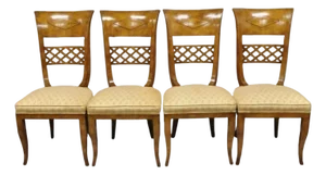 Vintage Italian Regency Burl Wood Brass Inlay Tall Back Dining Chairs - Set of 4