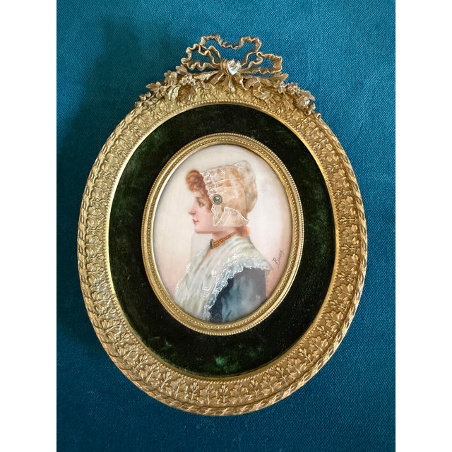 Rococo Late 19th Century Rare Signed Antique French Louis XVI Style Miniature Portrait in Ormolu Frame Signed Bussy For Sale - Image 3 of 11