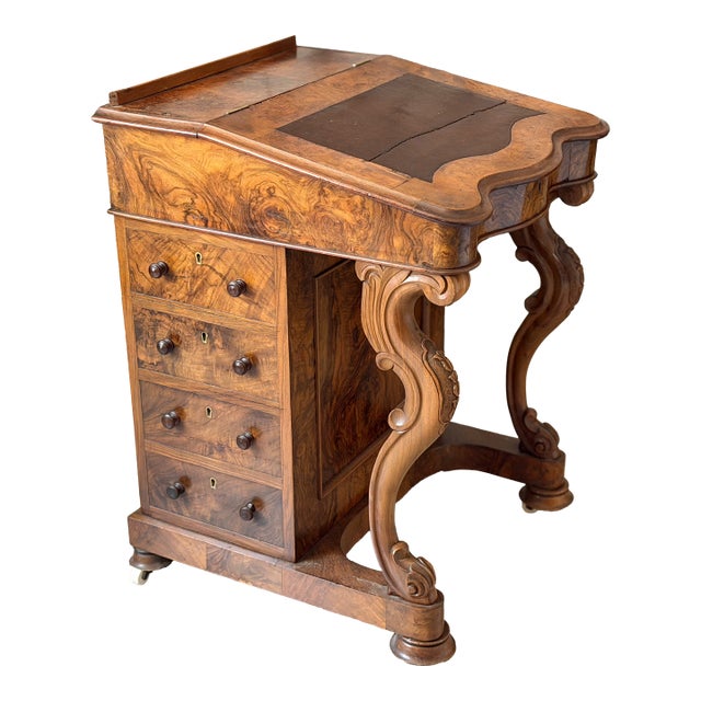 Antique Victorian Burl Walnut Wood and Leather Davenport Writing Table Secretary Desk For Sale