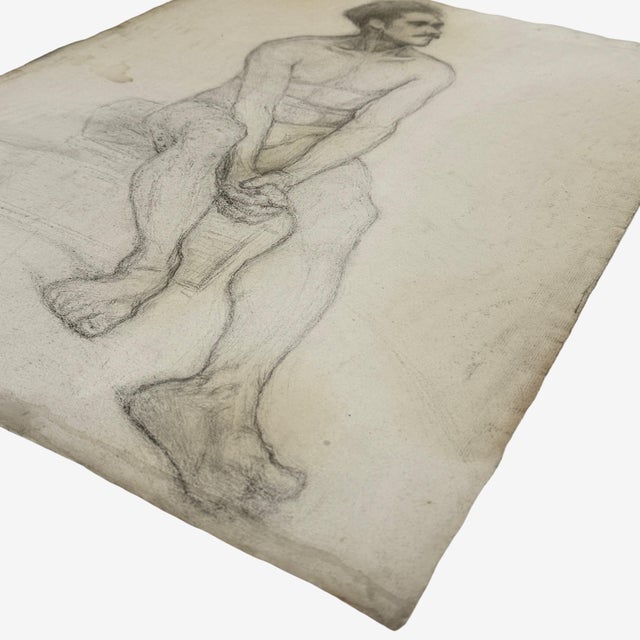 Antique French Realist Male Figurative Study (Charcoal on Woven Cream Paper) For Sale In Philadelphia - Image 6 of 7