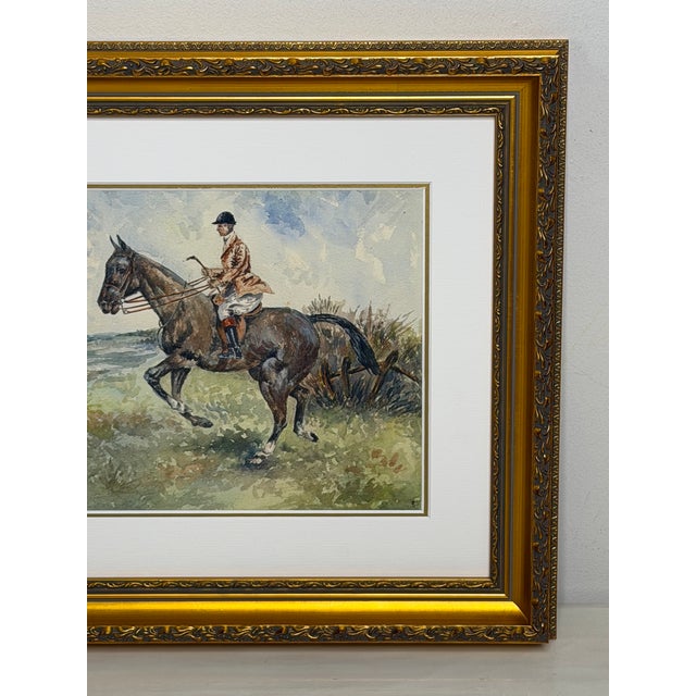 English British Sporting School, Circa 1990 – The Huntsman on a Bay Hunter – Equestrian Watercolor Gilt Framed & Mounted For Sale - Image 3 of 11