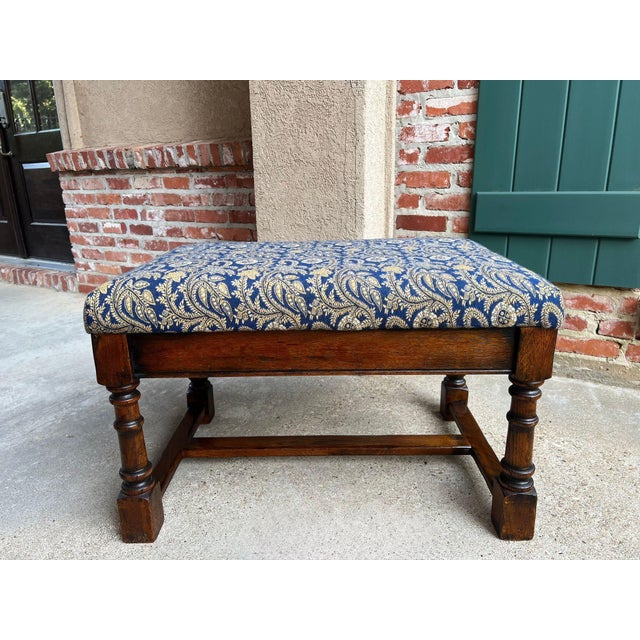 Antique English Oak Bench Upholstered Window Seat Jacobean Revival c1920. Direct from England, a substantial antique oak...