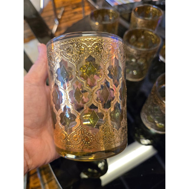 Set of 8 iconic stunning Culver Valencia Highball cocktail glasses. Decorated in 22k gold with green diamond accents. This...