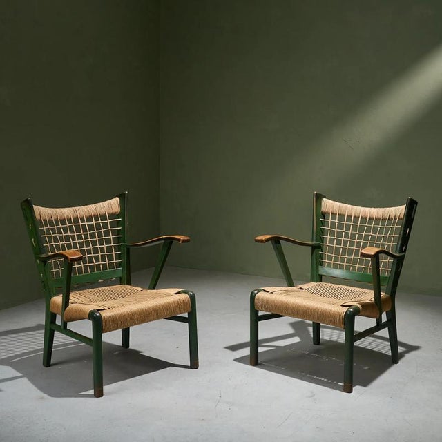 Modern Green Lacquered Chestnut and Papercord I due forni Firenze Armchairs, Italy, Set of 2 For Sale - Image 3 of 10