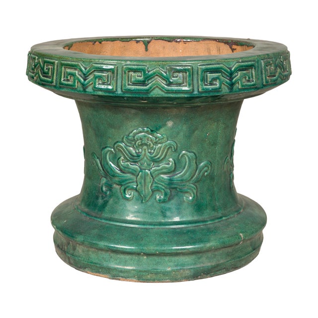 Chinese Chinese Vintage Green Glazed Ceramic Planter or Garden Seat Base with Foliage For Sale - Image 3 of 11