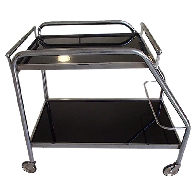 Art Deco Chrome Steel and Black Glass Trolley with Removable Shelf and Bottle Holder, 1930s For Sale