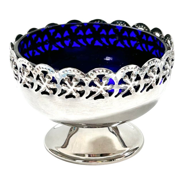 Antique Silver Plate Pierced Pedestal Bowl With Cobalt Blue Glass Liner For Sale