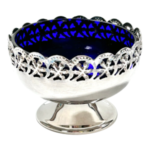 Antique Silver Plate Pierced Pedestal Bowl With Cobalt Blue Glass Liner – Victorian Centerpiece